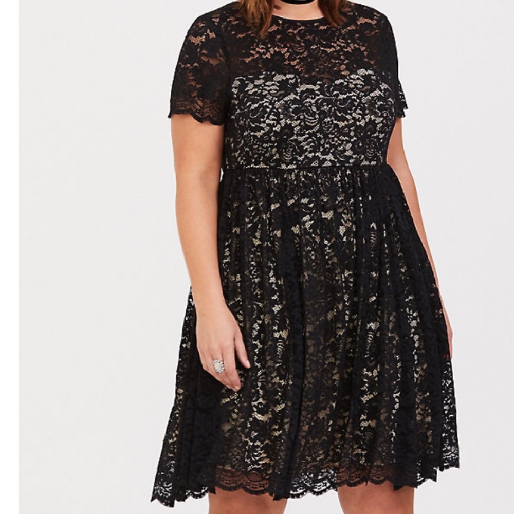 Torrid Black lace illusion neck skater dress